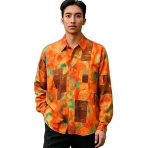 VTG 70s Disco Shirt Mens L Orange Galaxy Print Long Sleeve JCPenney City Streets